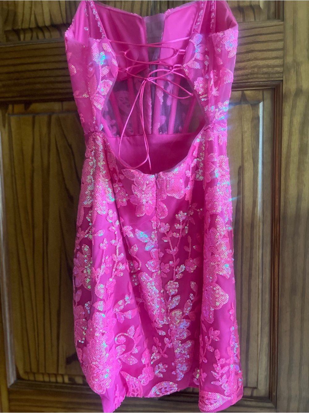 Girls' Hot Pink Sequin Floral Lace-Up Back Party Dress